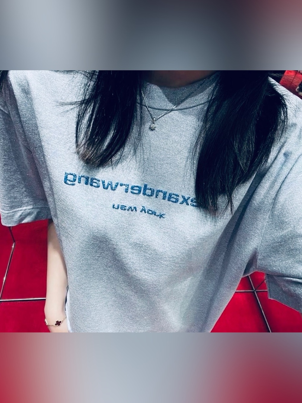 Alexander Wang Gray Blue Glitter Logo Short Sleeve Tee Shirt Size S